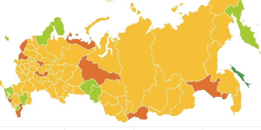 Желтый цвет — 1 этап. На карте выхода России из самоизоляции Брянская область окрашена в цвет большинства