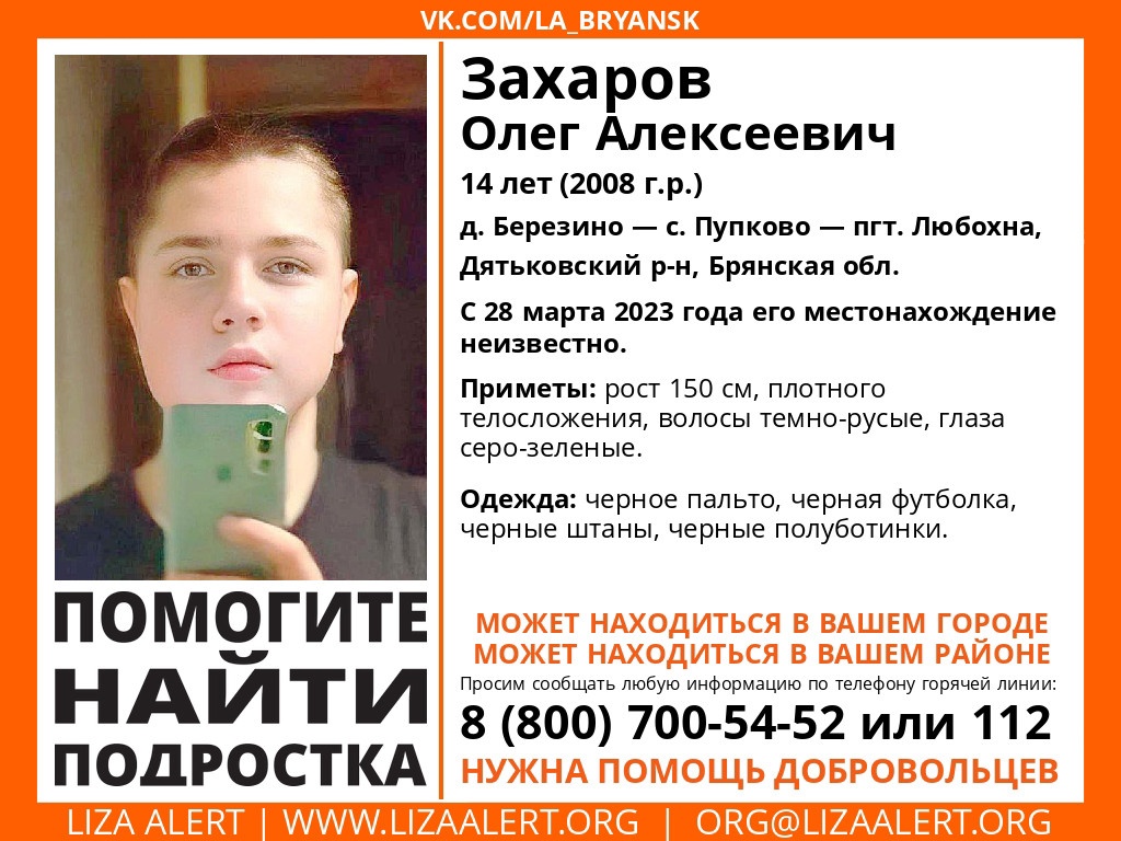 В Дятьковском районе ищут пропавшего 14-летнего Олега Захарова