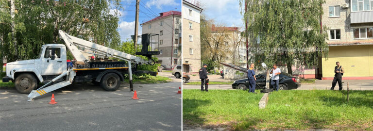 Упавшую в Брянске на автомобиль опору зацепил грузовик