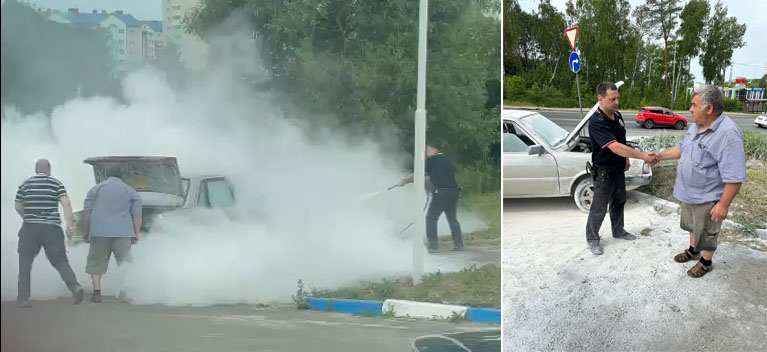 В Брянске сотрудники полиции помогли потушить загоревшийся у АЗС автомобиль