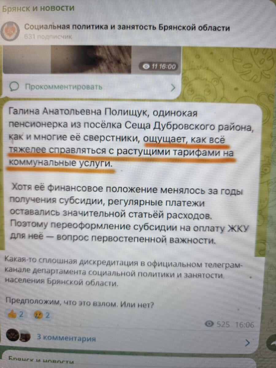 ТГ-канал соцполитики и занятости Брянской области заподозрили в страшном