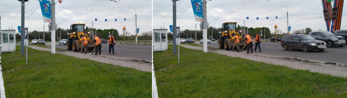 В Брянске рабочие дорожной службы очищают от песка края проезжей части